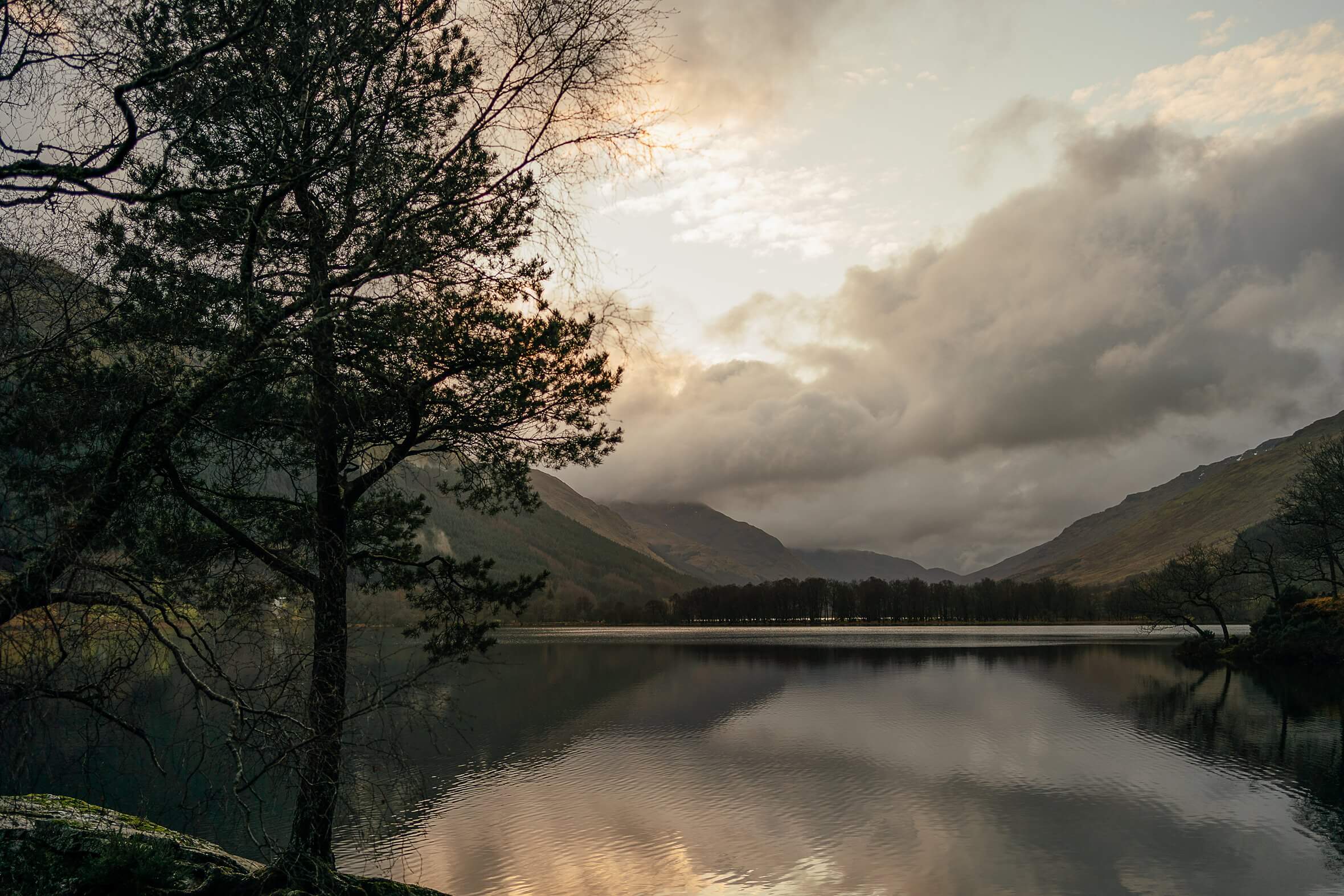 monachyle mhor micro wedding scotland view across loch voil leaving hotel sunset December scottish landscape