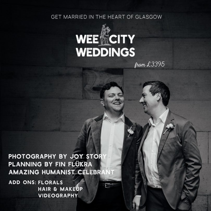 two grooms smile on the poster for wee city weddings, an all inclusive glasgow elopement package